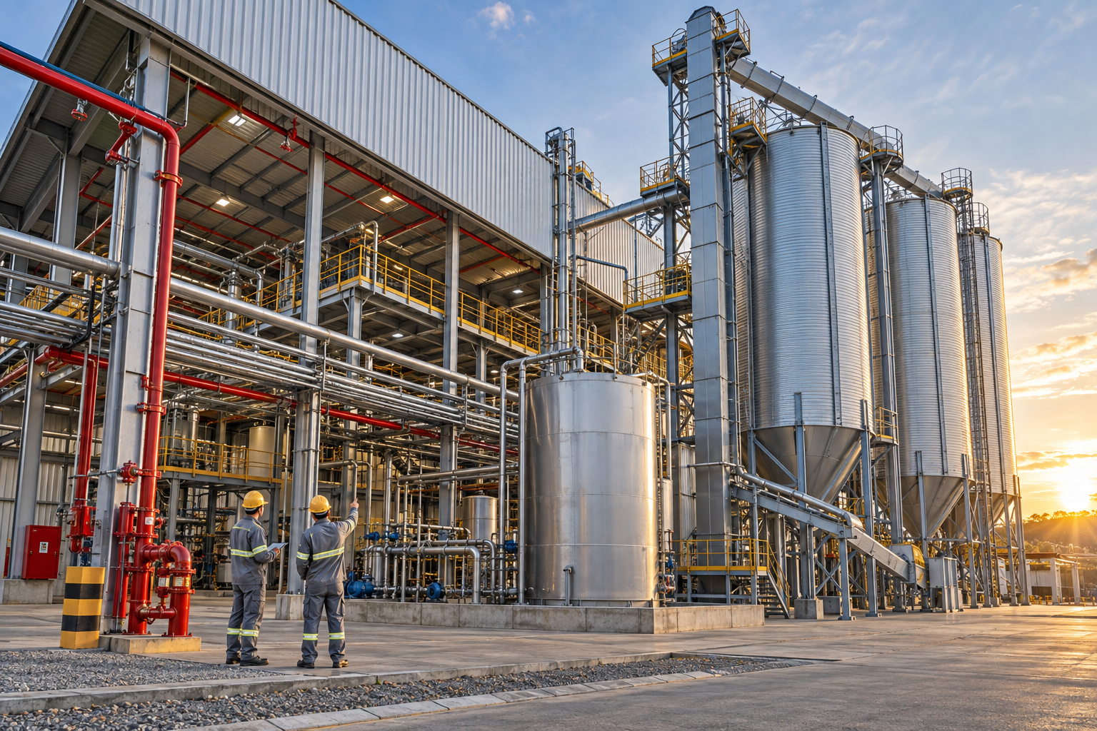Instalação industrial com estruturas metálicas, silos, tubulações e sistema de combate a incêndio